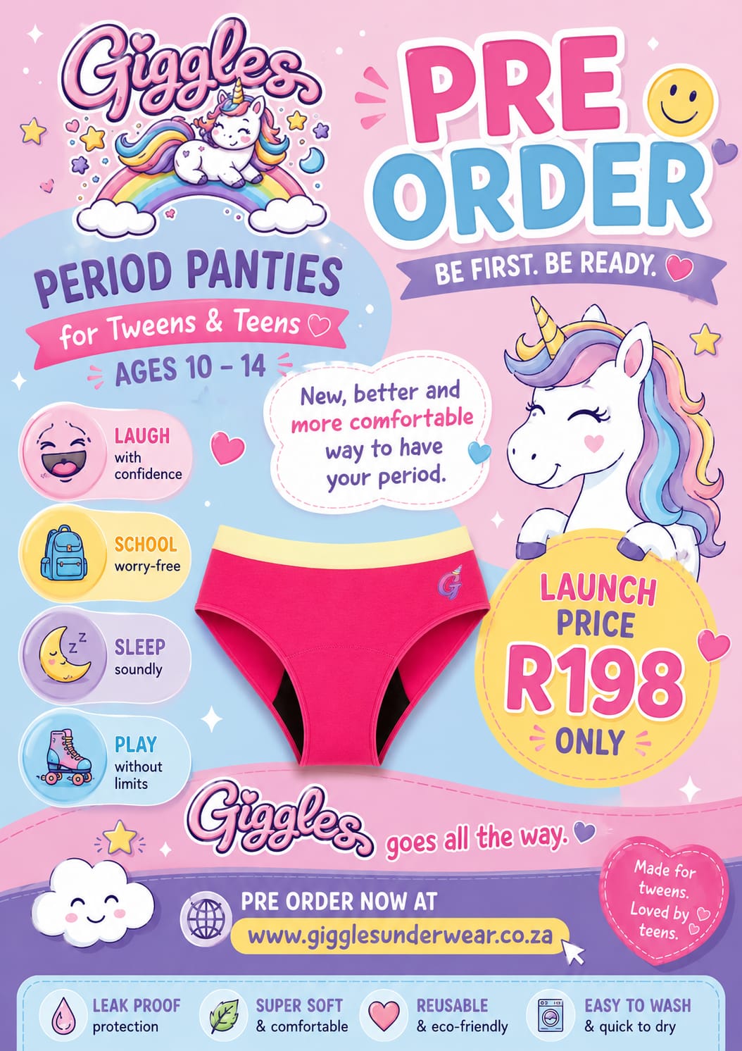 Giggles pre-order launch - period panties for tweens and teens at R198